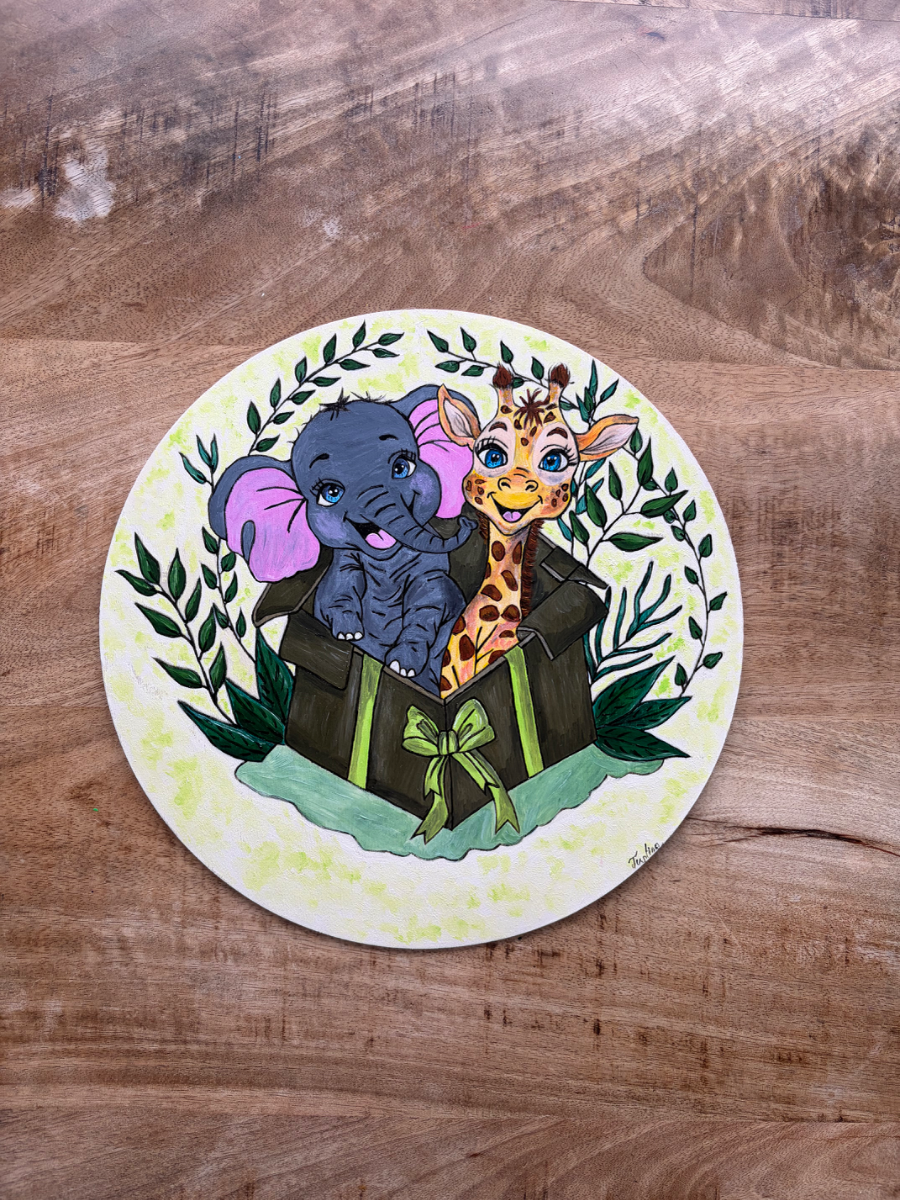 Disque en bois peint à la main – Éléphant & Girafe 🐘🦒